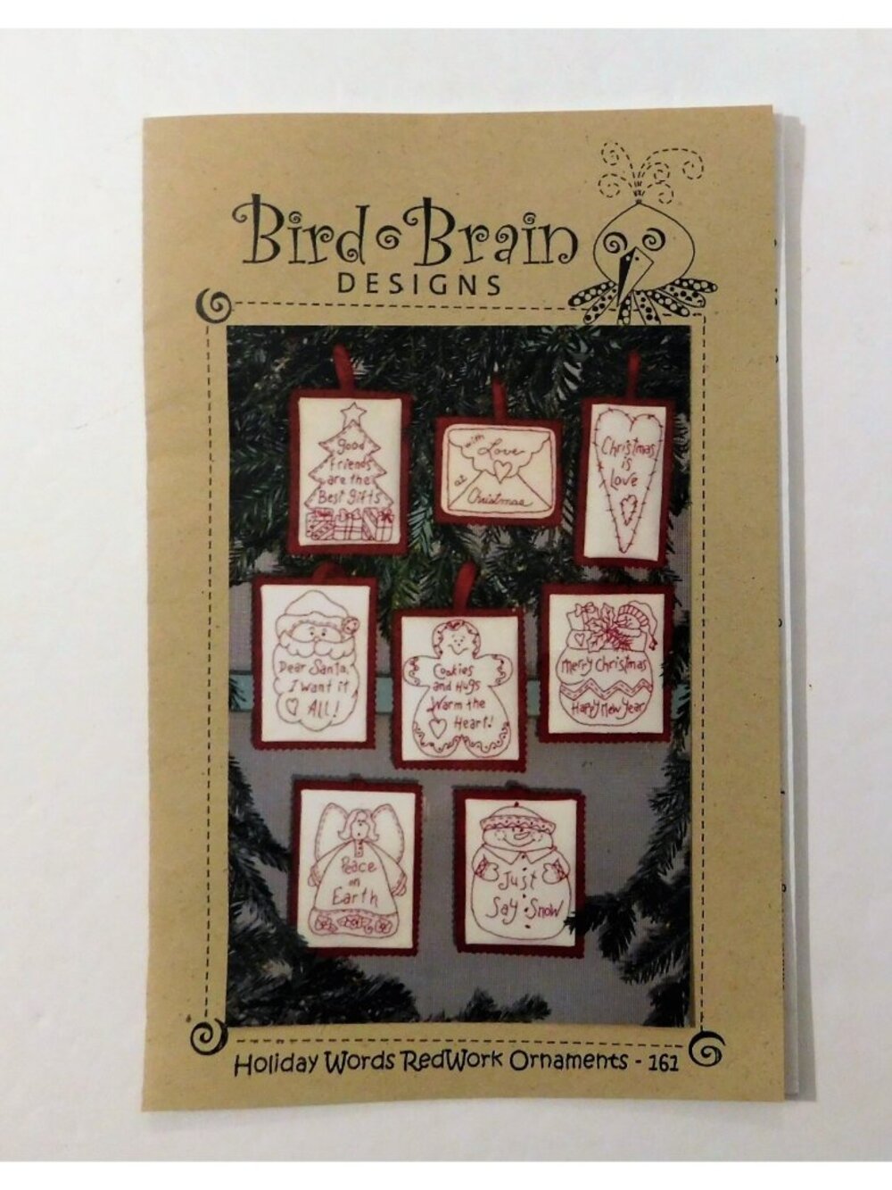 Holiday Words RedWork Ornament Collection 8 Patterns Angel Tree Santa Heart